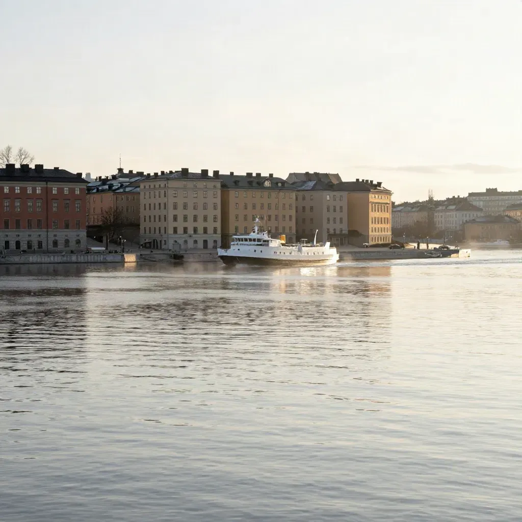 Stockholms vattenlinje med bleka fasader, stilla färdspår och morgondimma.